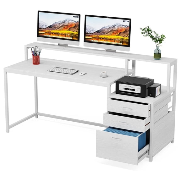 63" Computer Desk with File Cabinet & Monitor Stand, Ergonomic Office PC Table with Printer Storage, Wood Workstation Desk for Home Office