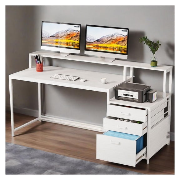 63" Computer Desk with File Drawer & Monitor Stand - Ergonomic Office PC Table Workstation with Printer Space, Wood Home Office Desk