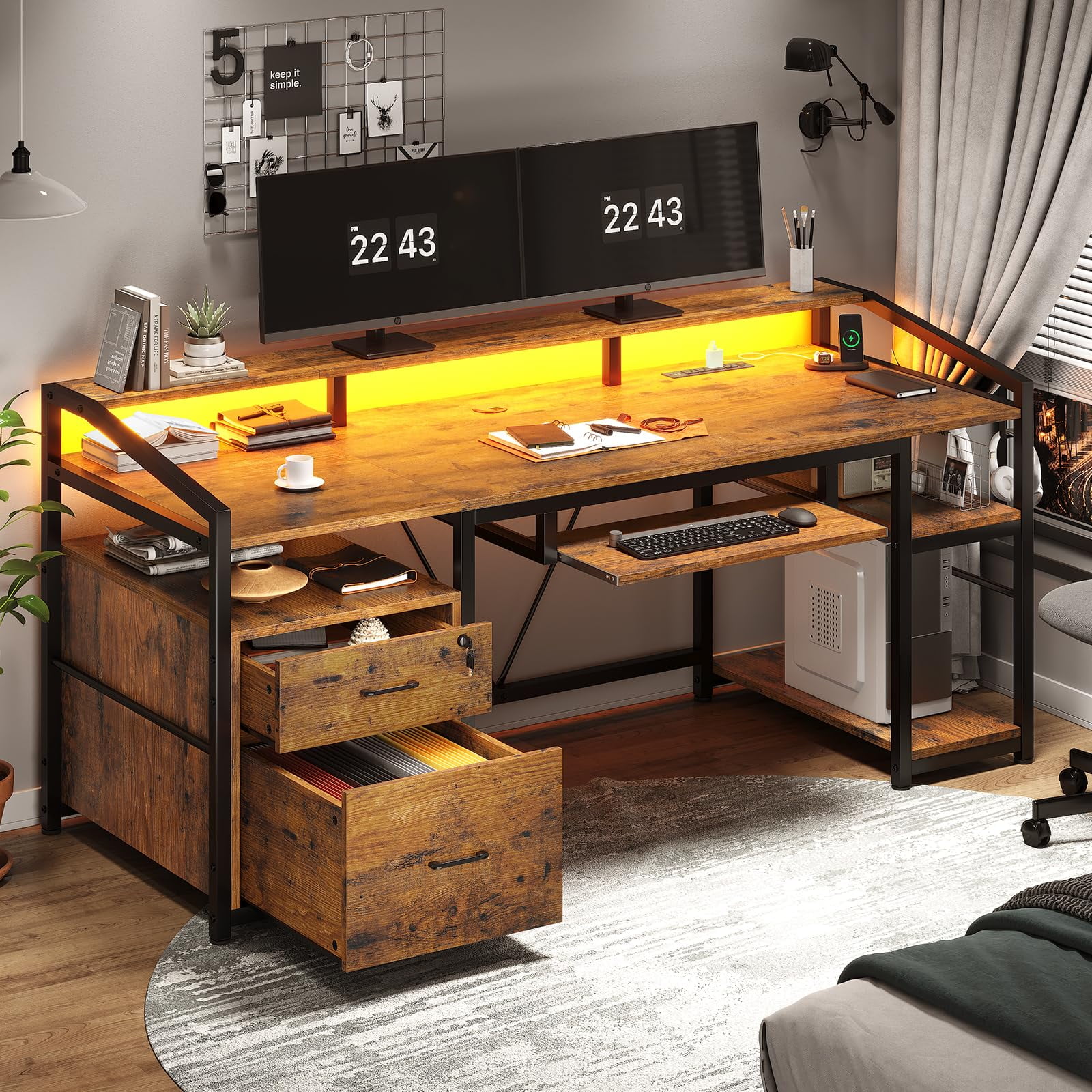 63 Gaming Desks with LED Lights&Power Outlet,Home Office Desks