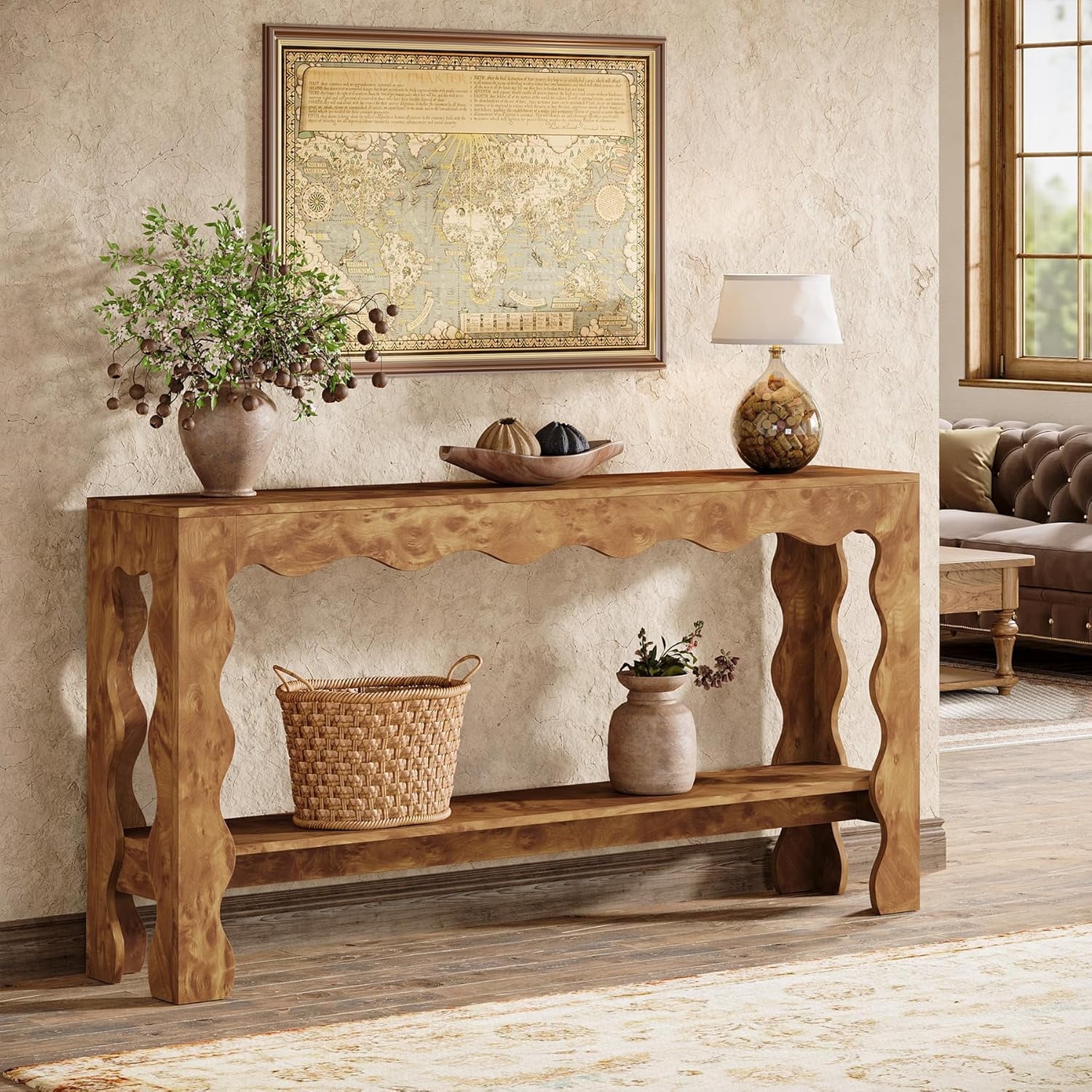 63" Console Table, 2-Tier Narrow Entryway Table for Hallway, Living Room, Light Brown