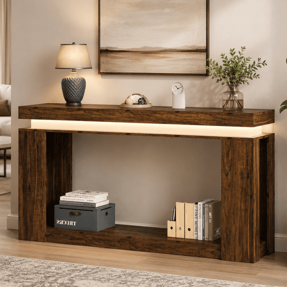 63" Console Table with LED Lights & Power Outlet, 2-Tier Farmhouse Sofa Table with Storage, Narrow Entryway Table with Heavy Duty Base for Living Room, Hallway (Brown)