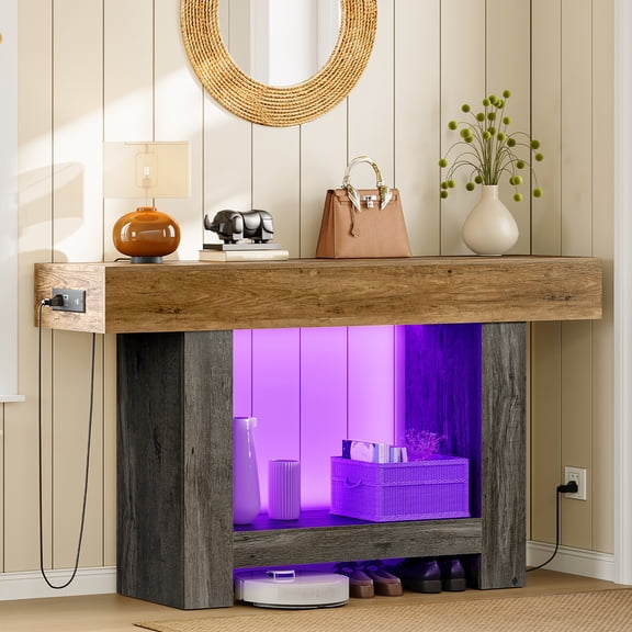 63" Console Table, Large Entryway Table, 2-Tier Behind The Couch Table With Charging Station And RGB Led Lights, Farmhouse Console Tables For Entryway, Living Room, Entrance, Hallway