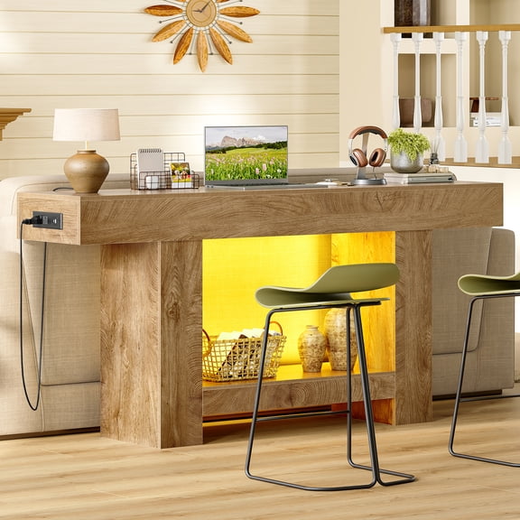 63" Console Table, Large Entryway Table, 2-Tler Behind TheCouch Table With Charging Station And Rgb Led Lights,Farmhouse Console Tables For Entryway, Living Room,Entrance, Hallway