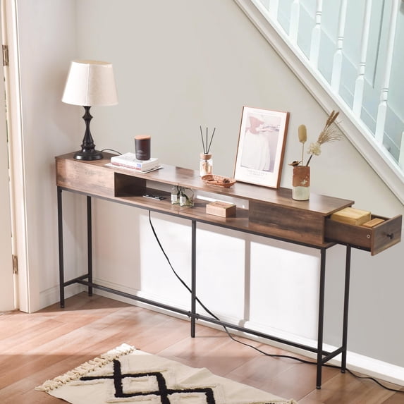 63" Console Table with Drawers and Outlets, Black