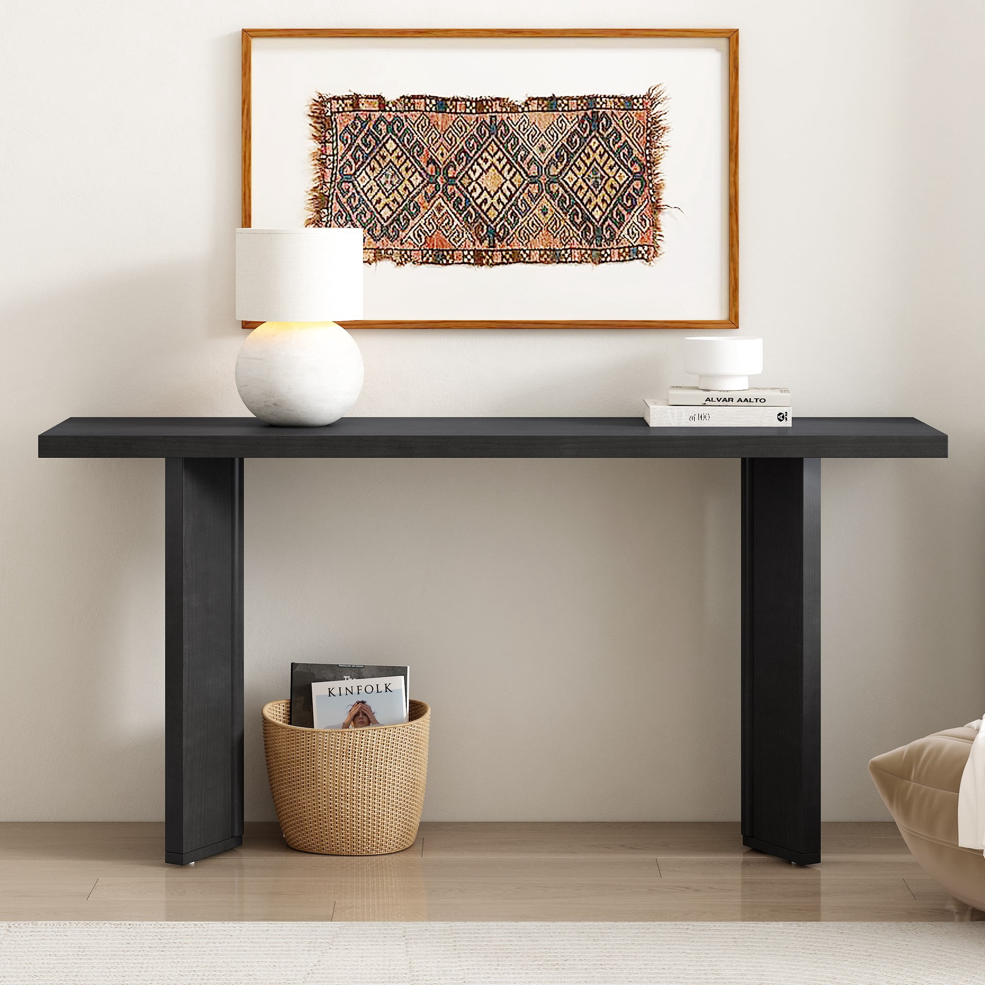 63" Console Table with Pine Veneer and Geometric Legs,Wooden Sofa Table Entryway Table for Living Room,Entryway,Dining Room,Black