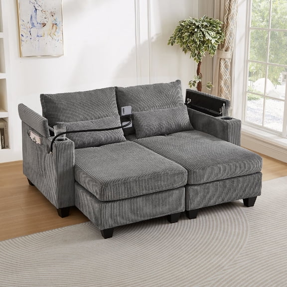 63" Convertible Chaise Lounge with Charging Station and 2 Cup Holders, Loveseat Sofa Sofa Bed Corduroy Sleeper Sofa with Phone Holder and Ample Storage Space for Living Room, Bedroom, Office, Gray