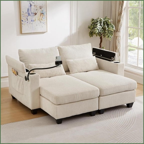 63\" Convertible Chaise Loveseat Sofa with USB Ports, Cup Holders & Storage - Beige | Corduroy | Cushion Back for Living Room Bedroom