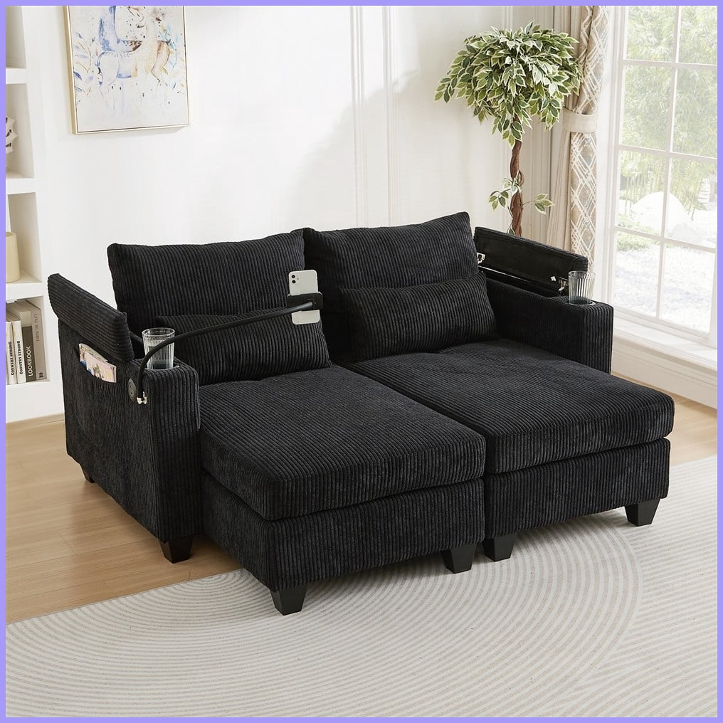 63” Convertible Corduroy Loveseat Sofa Bed with USB Ports & Cup Holders – Modern Compact Design for Living Room/Bedroom, Black