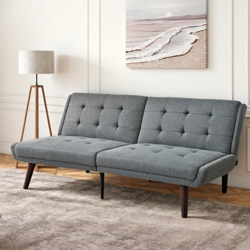 63" Convertible Futon Sofa Bed - 5-Position Adjustable Backrest Sleeper Couch, Modern Gray Loveseat for Small Spaces & Living Room