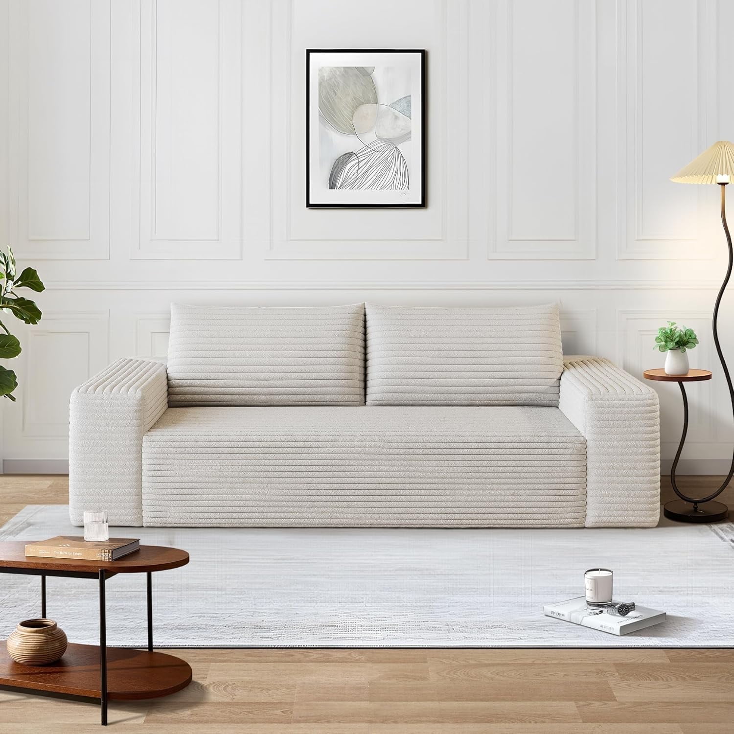 LUCKHAO 63" Corduroy Loveseat Sofa, 2-Seater Cloud Couch, Boneless Couch in a Box, Deep Seat Sofa with Memory Foam, No Assembly Required(White)