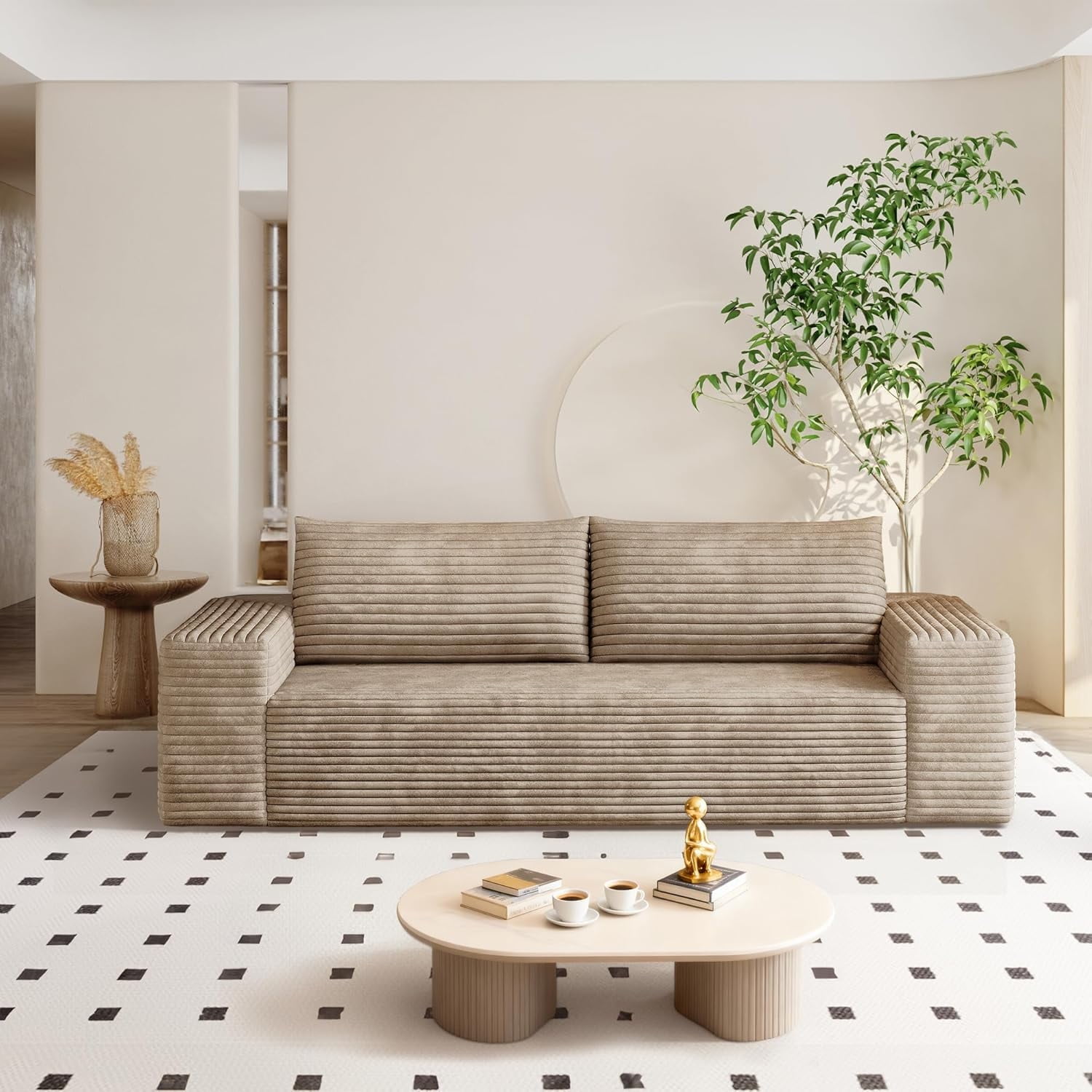 71" Corduroy Loveseat Sofa, 3-Seater Cloud Couch, Boneless Couch in a Box, Deep Seat Sofa with Memory Foam, No Assembly Required(Camel)