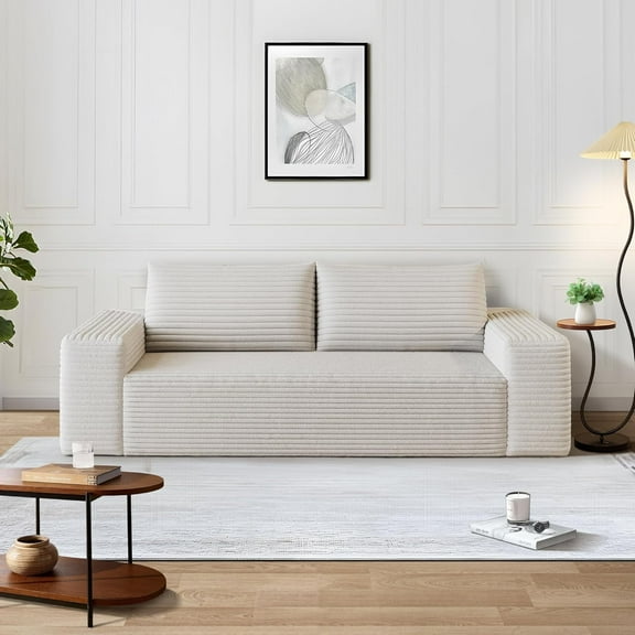 63" Corduroy Loveseat Sofa, 2-Seater Cloud Couch, Boneless Couch in a Box, Deep Seat Sofa with Memory Foam, No Assembly Required(White)