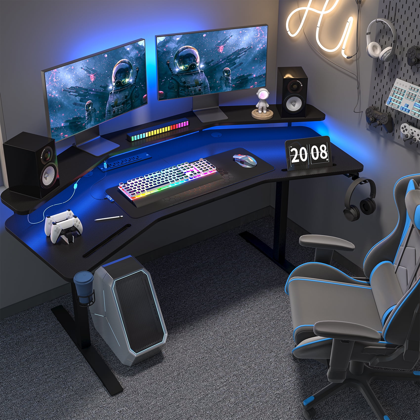 63' Corner Gaming Desk, T Shaped Gaming Desk with LED Lights, Computer ...