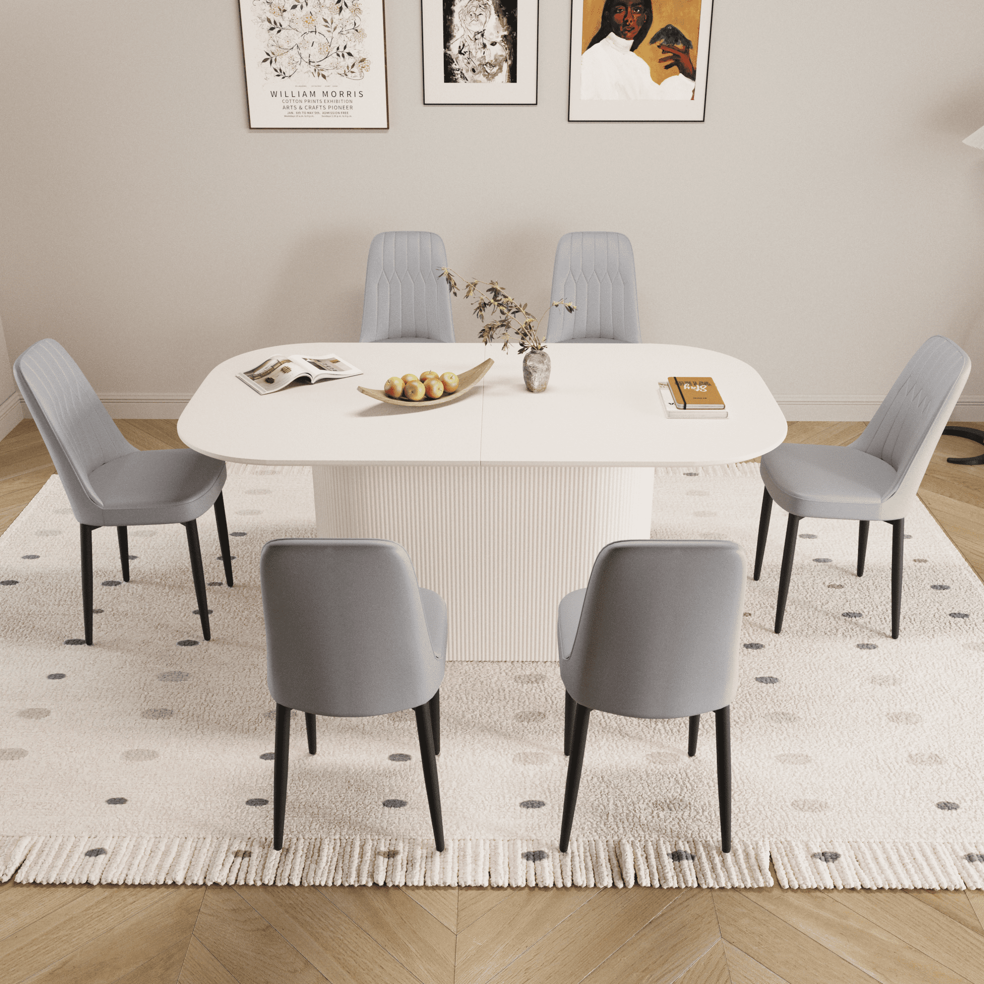 63" Cream MDF Dining Table & 6 PU Chairs Set, Modern Kitchen Furniture ...