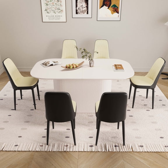 63" Cream Modern MDF Dining Table Set with 6 PU Leather Chairs - Ergonomic, Stain-Resistant, High-Density Sponge Seating - Perfect for Home Kitchen & Dining Room