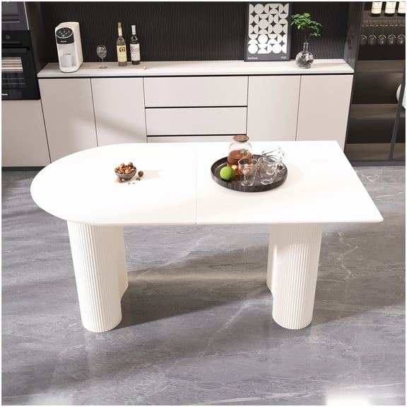 63" Cream White Round Dining Table with Wave Design Legs, Thick MDF Top for Kitchen Dining Room, Assembly Included