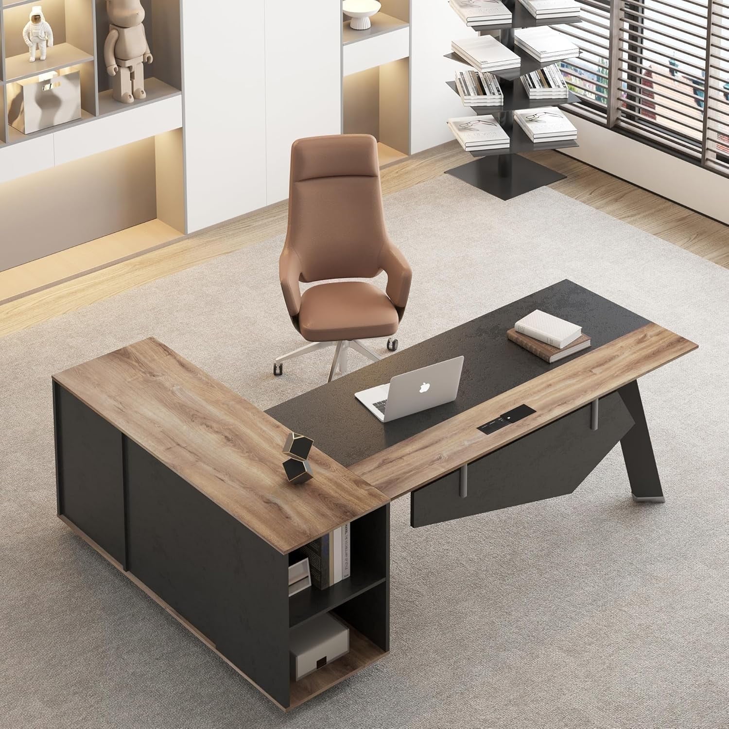 Wesome 63" Dark Mahogany L-Shaped Executive Desk with Cabinet Storage Shelves