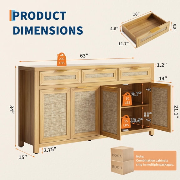 63 Deep Oak Farmhouse Rattan Sideboard Buffet Cabinet, 3 Drawers, 4 Doors & Adjustable Shelves, Multi-Functional Storage Credenza for Dining Room, Kitchen, Entryway Coffee Bar