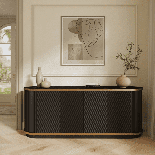 63" Diagonal Fluted Sideboard Cabinet with Gold Trim & Faux Marble Top – Buffet Credenza TV Stand for Living Room, Dining Room, Black