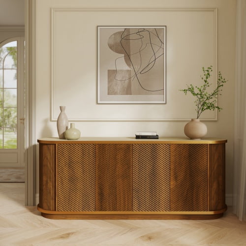 63" Diagonal Fluted Sideboard Cabinet with Gold Trim & Faux Marble Top – Buffet Credenza TV Stand for Living Room, Dining Room, Walnut