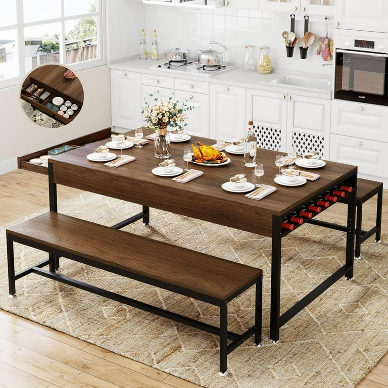 Zubie 63 Dining Table Set for 4 6 3 Piece Kitchen Table with 2 Utensil Drawers 2 Benches Wine Rack 17 Stories Table Top Color Walnut