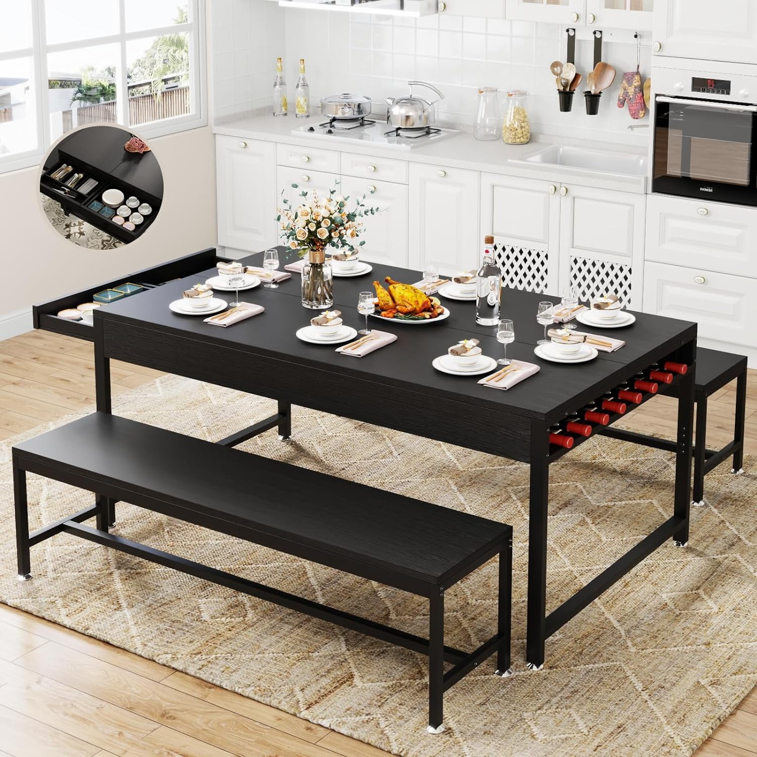 Black 63" Modern Dining Table Set with Benches and Storage
