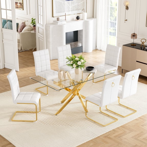 63" Dining Table Set of 7, Modern Rectangular Glass Dining Table with Gold-White 6 C-Shaped Cantilever Chairs and Stainless Steel Base, Faux Leather Upholstery, for Living Room, Apartment