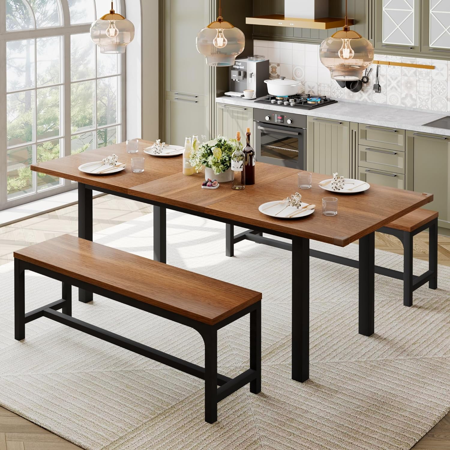 63" Dining Table Set for 4-6, Extendable Dining Room Table with 2 ...