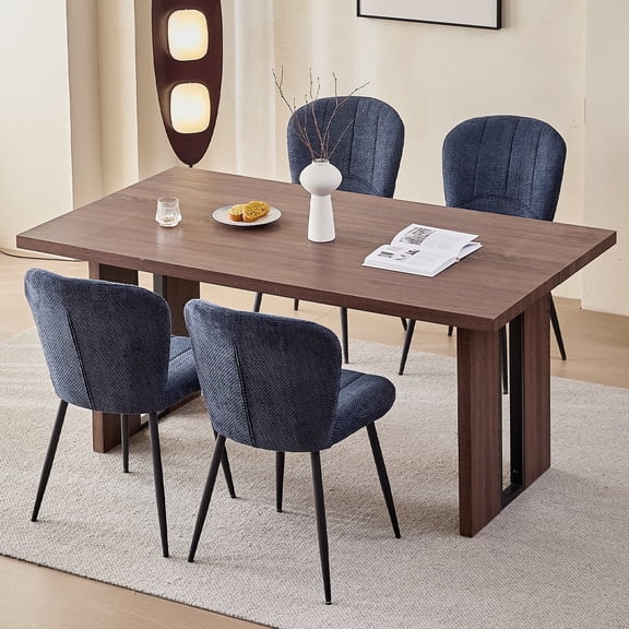 63" Dining Table Set for 4 6 People, 5 Piece Kitchen Dining Room Table with 4 Blue Chenille Chairs for Living Kitchen Room Apartment
