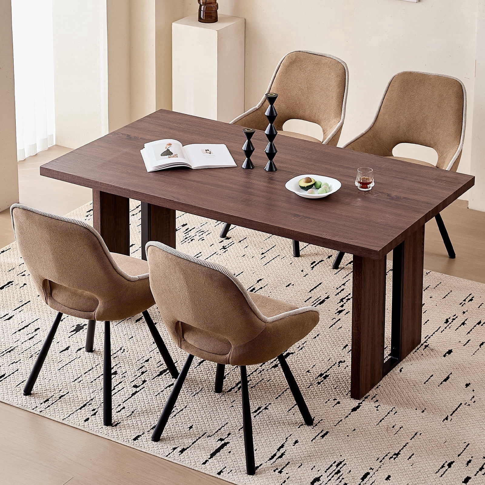 63" Dining Table Set for 4 6 People, 5 Piece Kitchen Dining Room Table with 4 Brown Swivel Chairs for Living Kitchen Room Apartment