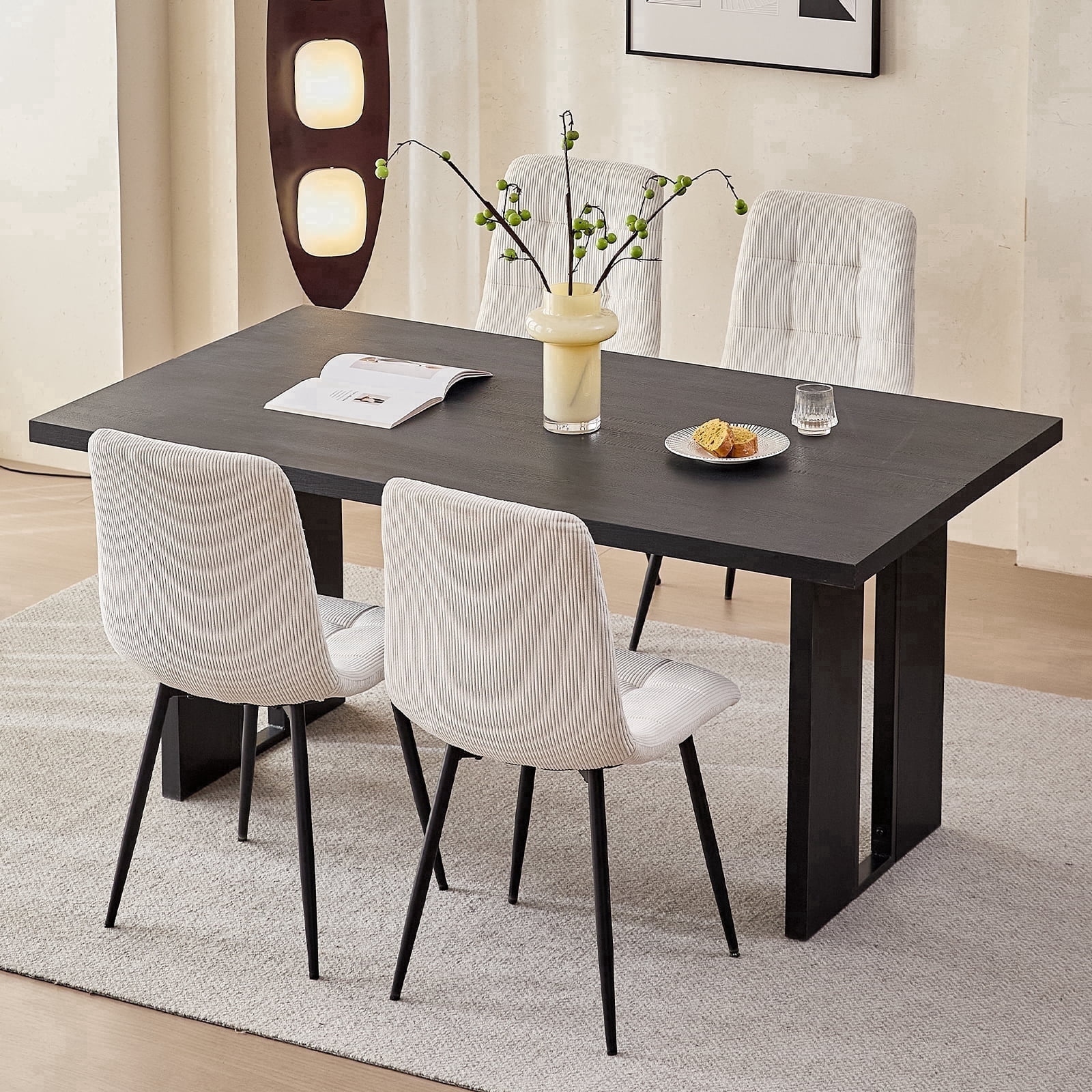 63" Dining Table Set for 4 6 People, 5 Piece Kitchen Dining Room Table with 4 White Corduroy Chairs for Living Kitchen Room Apartment