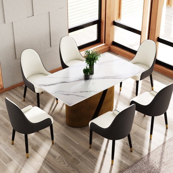 63" Dining Table - White Sintered Stone Top & Attractive Bronze Iron Metal Legs For 6-8 Users With People To Dine