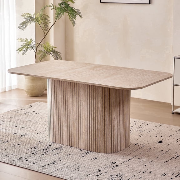63" Dining Table for 4 Person, [Rounded Corners] [Striped Pedestal Base] Farmhouse Modern Rectangle Kitchen Dinner Table, Beige