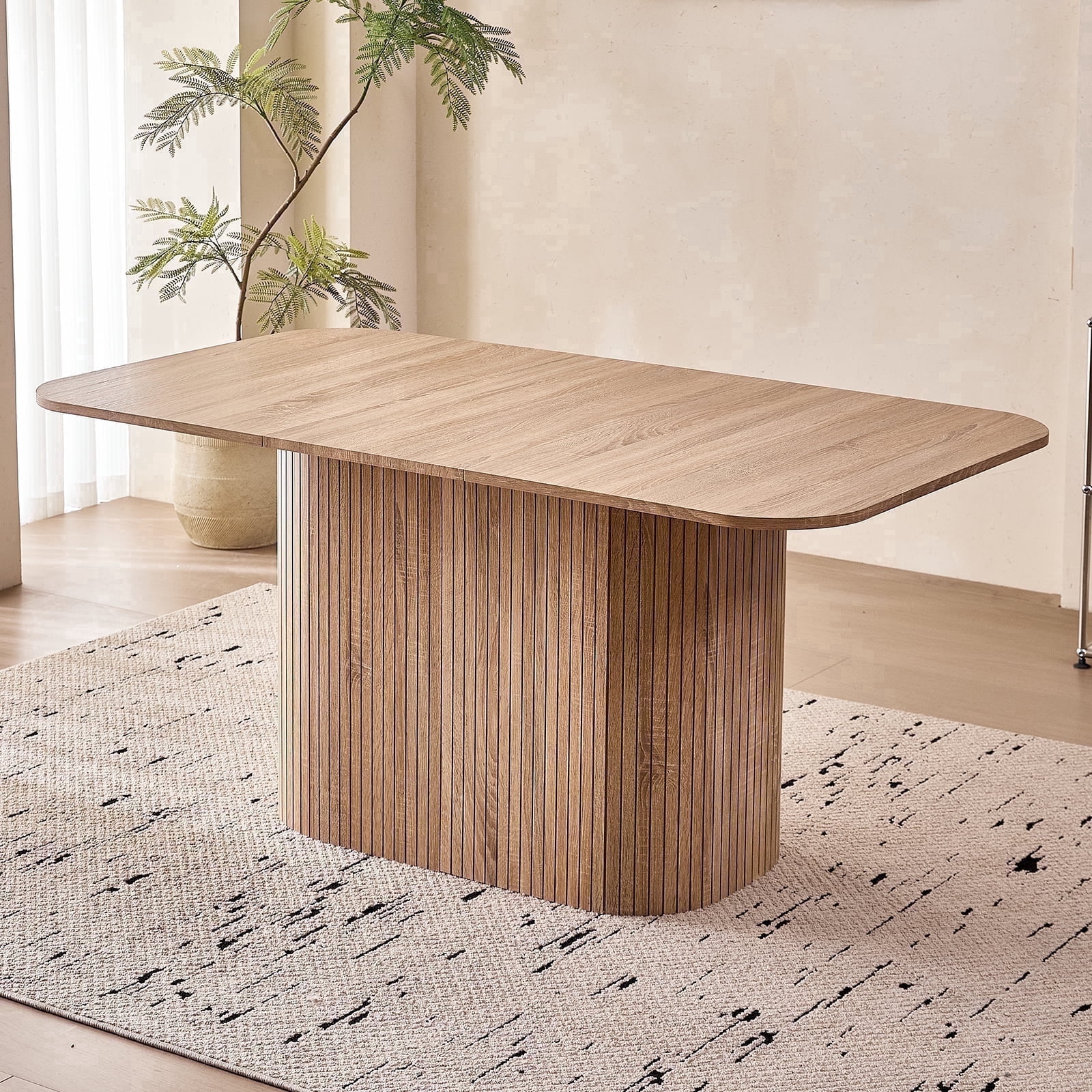 63" Dining Table for 4 Person, [Rounded Corners] [Striped Pedestal Base] Farmhouse Modern Rectangle Kitchen Dinner Table, Beige