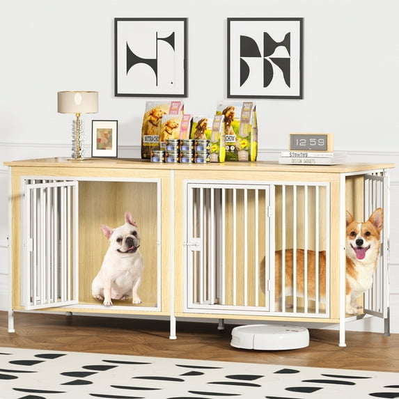 Double Dog Crate Furniture for 2 Dogs, Large Double Dog Kennel Furniture TV Stand, Heavy Duty Furniture Style Dog Crates End Table, Wood Crates for Dogs Kennel Indoor,Rustic Brown