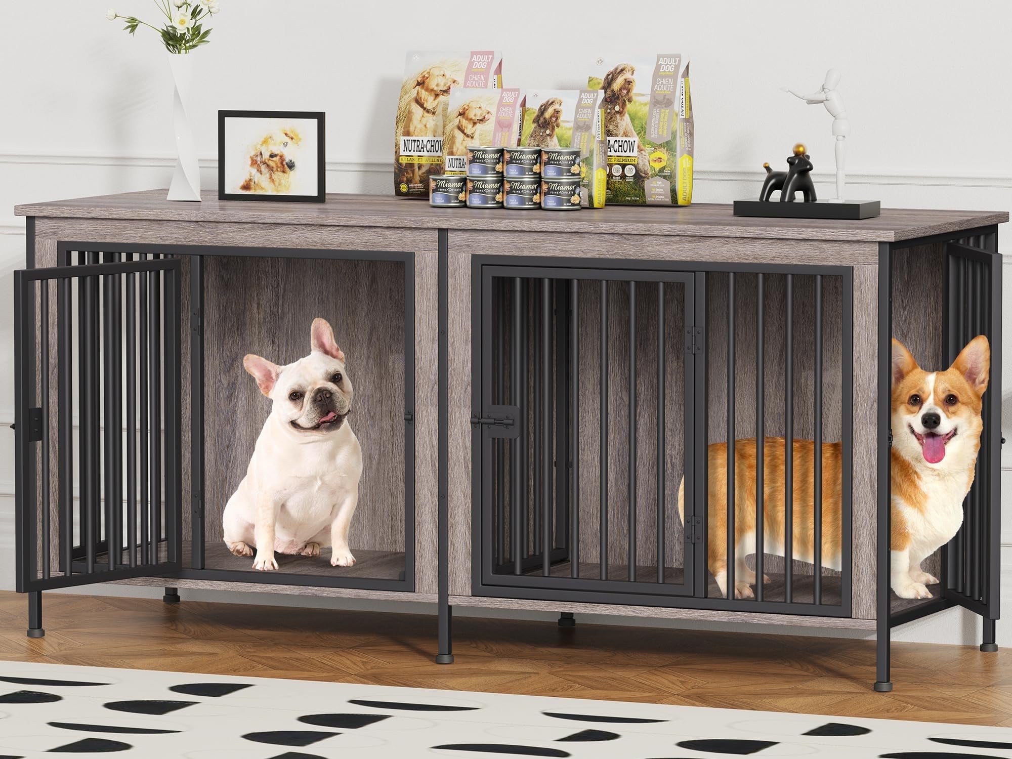 POAO 63" L Dog Crate Furniture for 2 Dogs,Heavy Duty Double Dog Crates for Small Dogs(20-35 Pounds),Dog Kennel Furniture Indoor as TV Stand,Gray