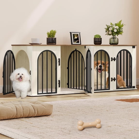 63" Dog Crate Furniture for 2 Dogs,XL Wooden Dog Cage with Divider & Cushion for Medium Large Dogs