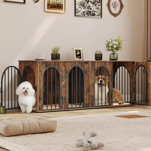 63" Dog Crate Furniture for 2 Dogs,XL Wooden Dog Cage with Divider & Cushion for Medium Large Dogs