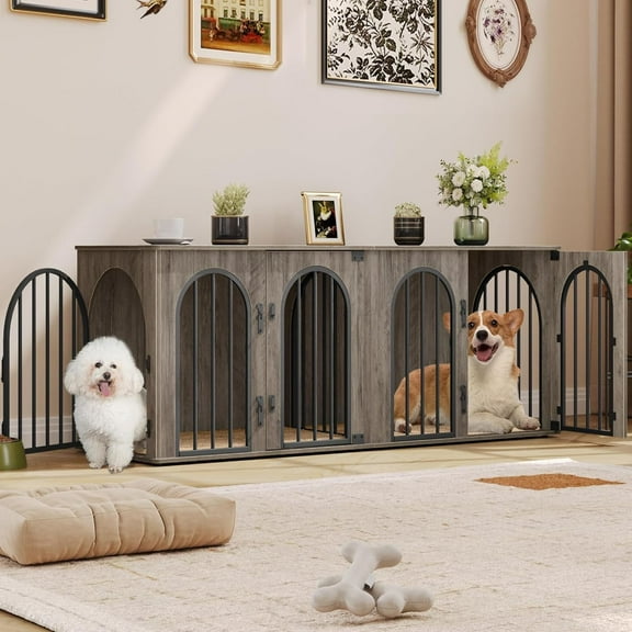 63" Dog Crate Furniture for 2 Dogs,XL Wooden Dog Cage with Divider & Cushion for Medium Large Dogs