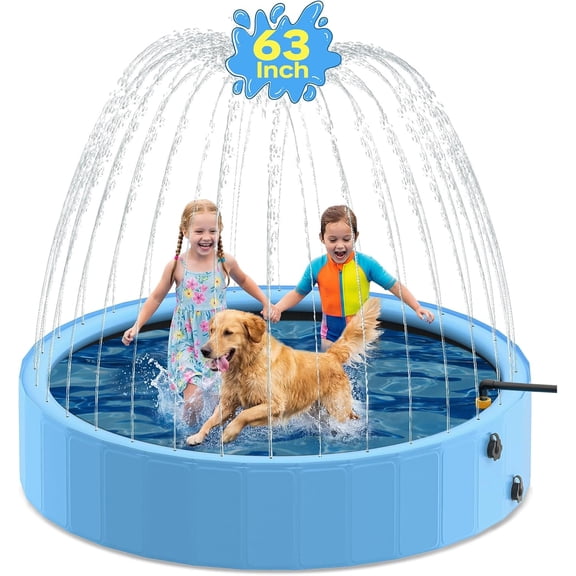 63'' Dog Pool with Sprinkler, Foldable Dog Pools for Large Dogs, 2-in-1 Non-Slip Swimming Pool for Dogs & Kids, Heavy Duty Hard Plastic Pet Bathing Tub for Outdoor Backyard, Blue