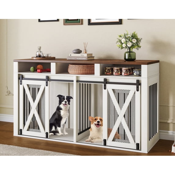 63" Double Dog Crate for 2 Large Dogs, Farmhouse Style Dog Crate Furniture with Sliding Door, Removable Divider and Storage Space, White