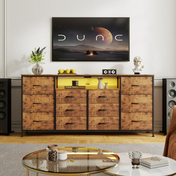 63" Dresser TV Stand for 65 70 75 Inch TV, Fabric Chest of Drawers with Charging Station, LED Lights, Open Shelves & 12 Drawer Dresser, Modern Entertainment Center, Brown
