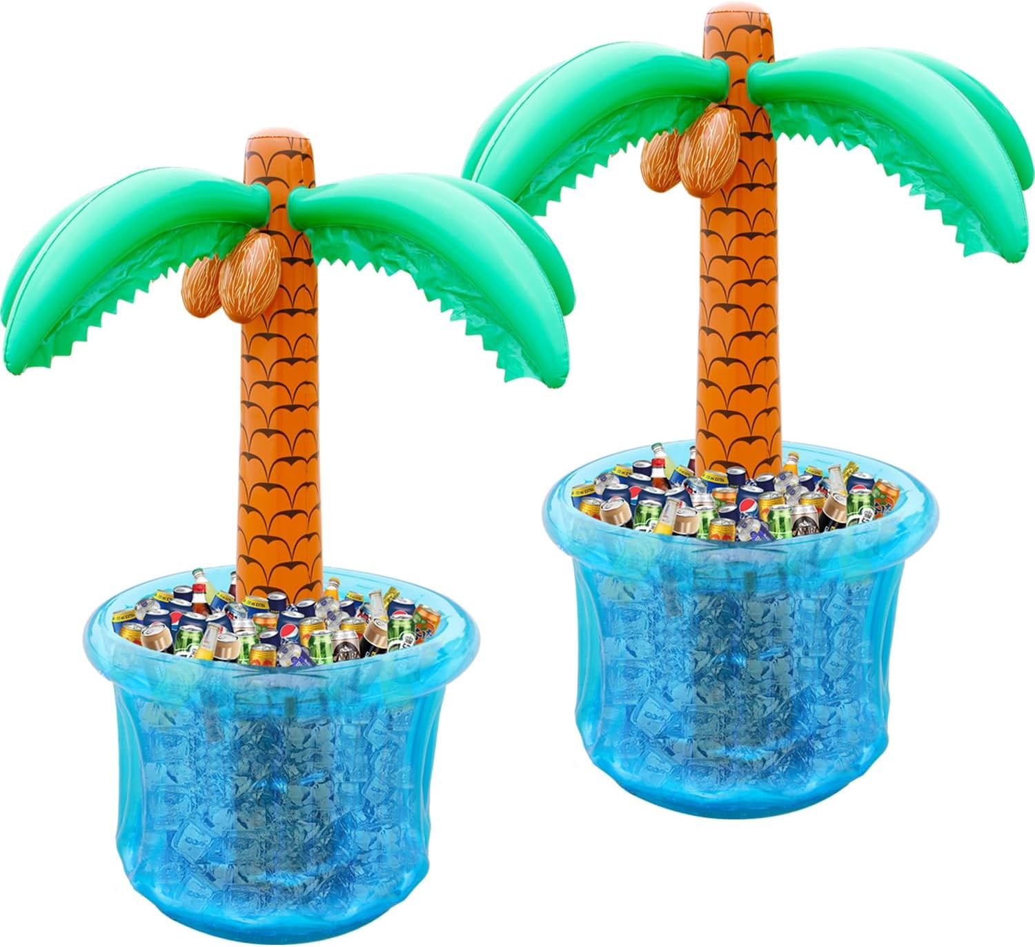 63" Drink Cooler for Parties, 2 Pack Inflatable Palm Tree Ice Bucket for BBQ, Picnic, Pool Party, Bachelorette Supplies, Floating Cooler for Hawaiian Luau Tropical Summer Party Decorations