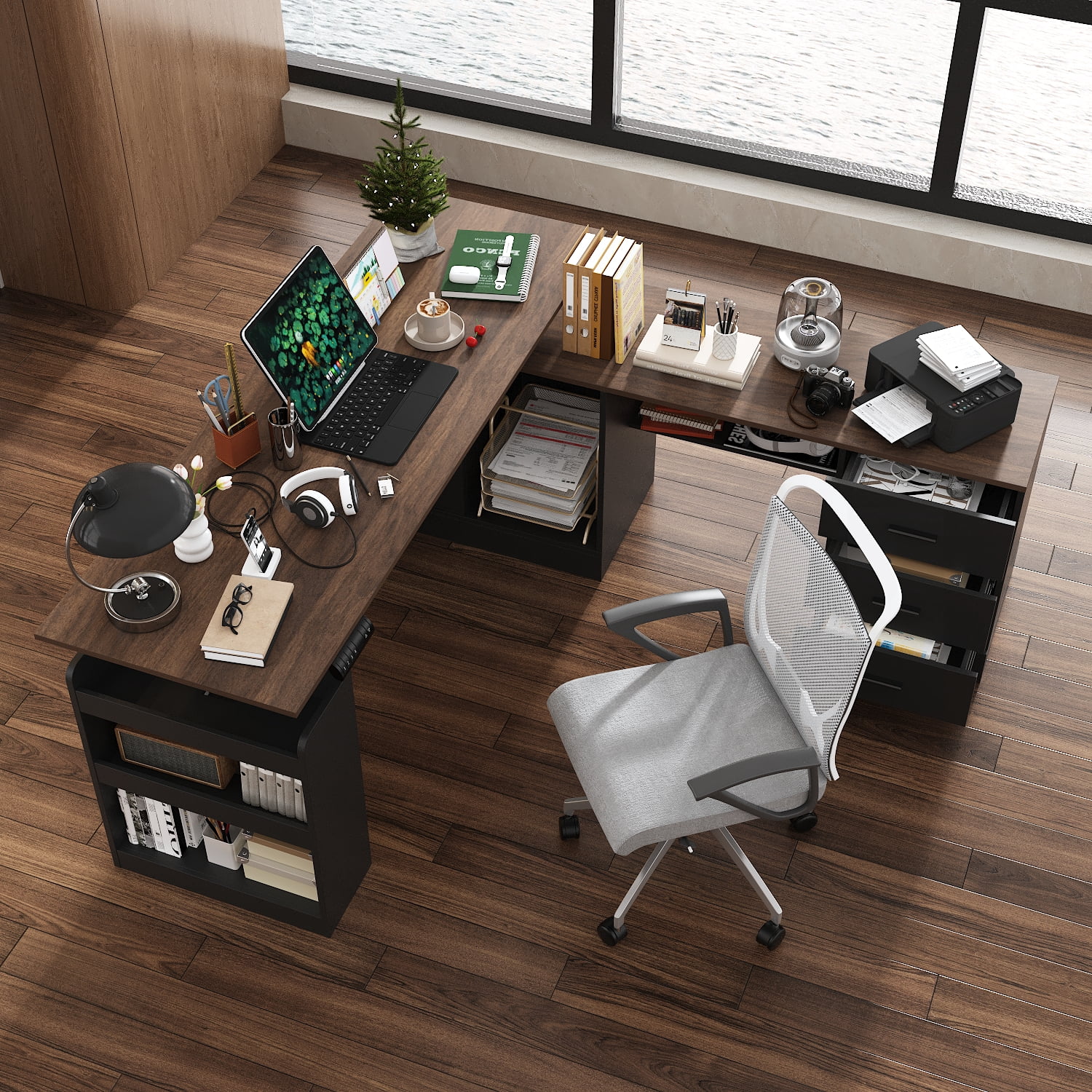 63" Electric Height Adjustable Standing Desk L Shap Office Desk,Black