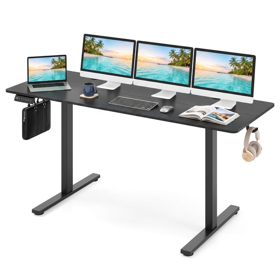 63" Electric Standing Desk with 3 Memory Heights and 2 Hanging Hooks, Adjustable Height Sit Stand Home Office Desk,Black