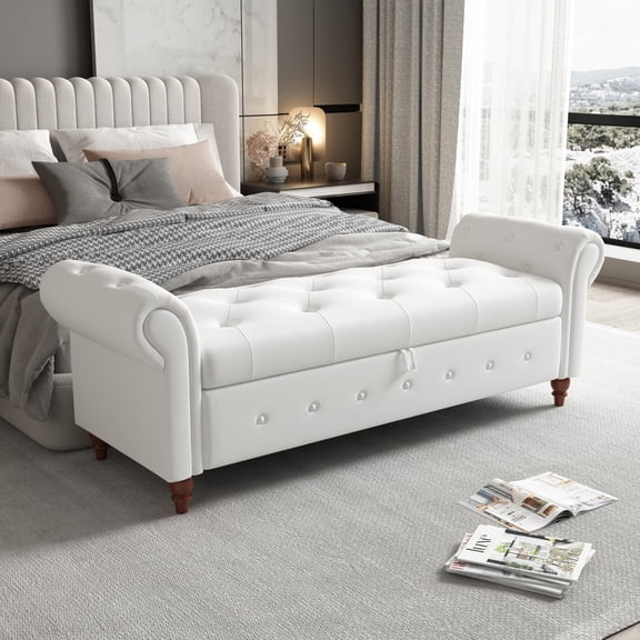 63" End of Bed Bench, Bedroom Bench with Button-Tufted, Upholstered Storage Ottoman Benches with Rolled Arms, Entryway Bench with Solid Legs for Bedroom Living Room, Cream White