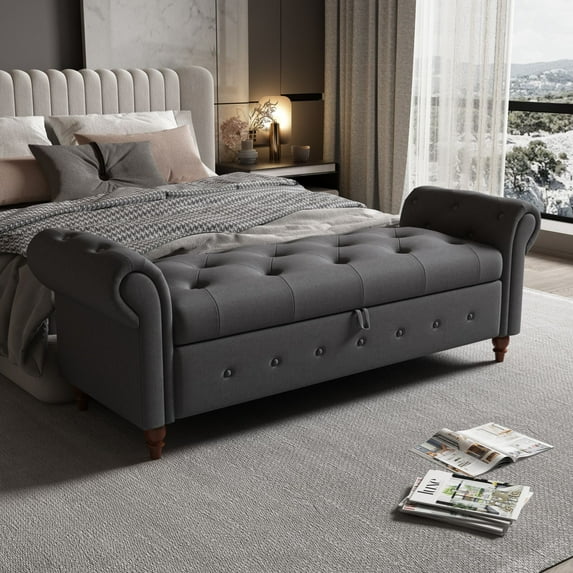 63" End of Bed Bench, Bedroom Bench with Button-Tufted, Upholstered Storage Ottoman Benches with Rolled Arms, Entryway Bench with Solid Legs for Bedroom Living Room, Dark Gray
