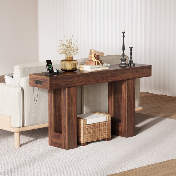 63" Entryway Console Table, Wooden Narrow Long Sofa Table with Power Outlet, Rectangular Behind Couch Table, Foyer Table for Living Room