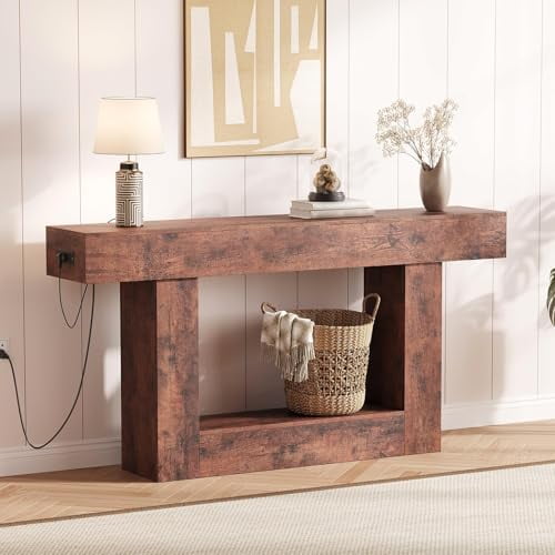 63" Entryway Table, 2 Tier Narrow Long Console Table with Storage & Charging Station, Sofa Table Farmhouse Wood Behind Couch Table for Entrance, Foyer, Hallway, Living Room, Couch, Brown
