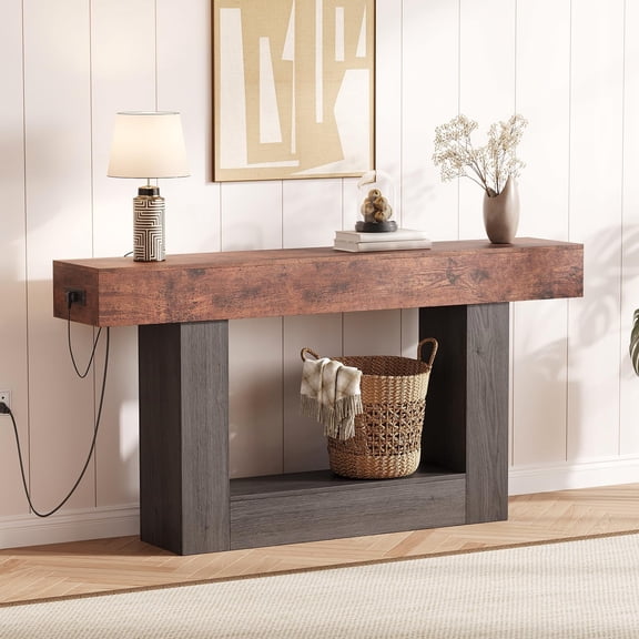 63" Entryway Table, 2 Tier Narrow Long Console Table with Storage & Charging Station, Sofa Table Farmhouse Wood Behind Couch Table for Entrance, Foyer, Hallway, Living Room, Couch, Brown & Grey
